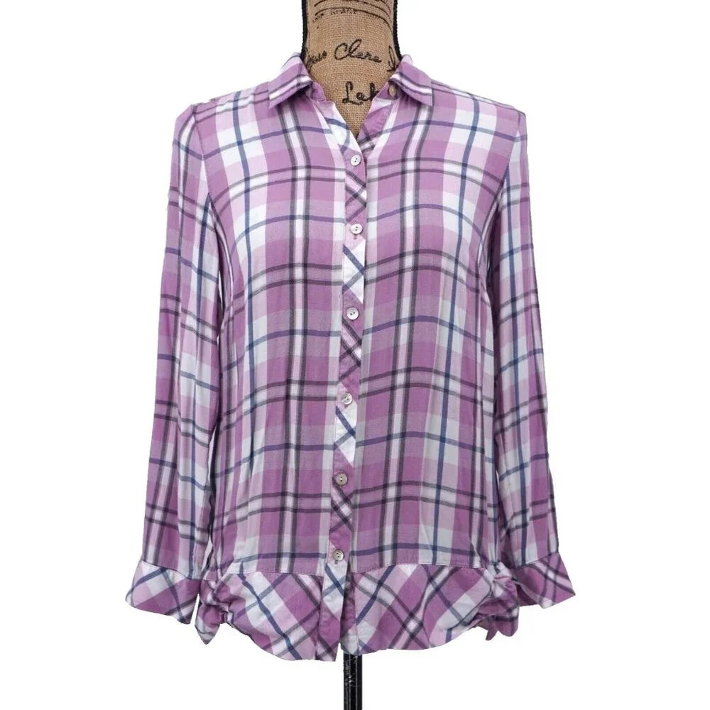 J. Jill Top Women Extra Small Plaid Lavender Ruffle Hem Button‎ Up Blouse Shirt